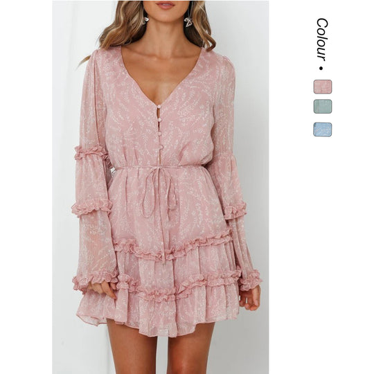 Damen Rüschenkleid mit langem, transparentem Ärmel und Bindegürtel EB