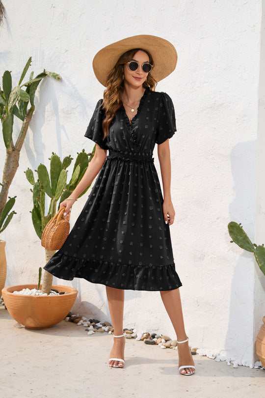 Damen Midikleid mit raffiniertem V-Ausschnitt, elastischem Taillenzug und fließendem Rock EB