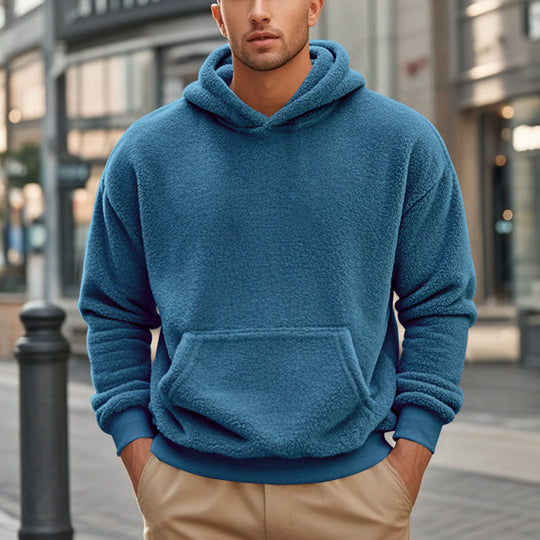 Herren nan kuscheliger Sherpa-Fleece Kapuzenpullover mit Kängurutasche und elastischen Bündchen EB