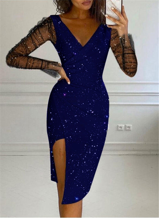 Damen elegantes Wickelkleid mit transparenten Ärmeln und schimmerndem Sternenmuster EB