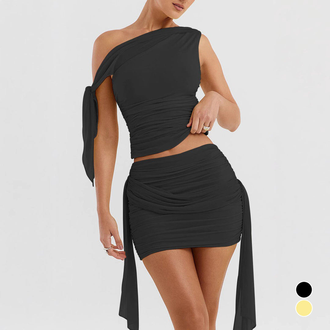 Damen Set aus schulterfreier Bluse und Mini-Rock mit Raffung EB