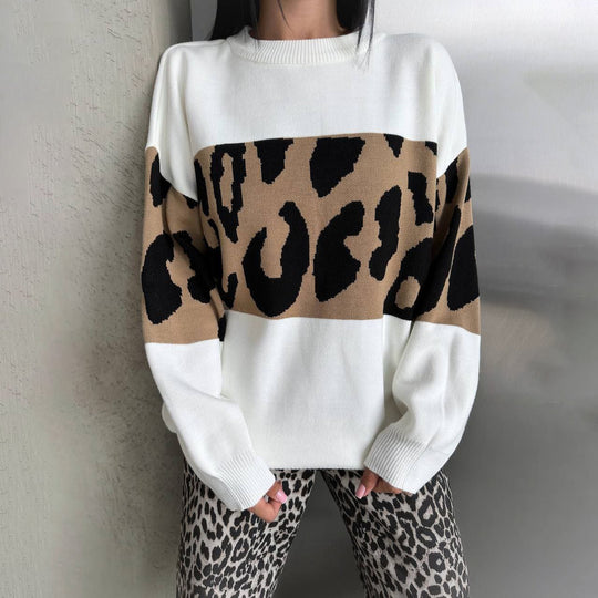 Damen Oversized Strickpullover mit Leoparden-Bahnen, überschnittener Schulter und geripptem Saum Eichborn Berlin
