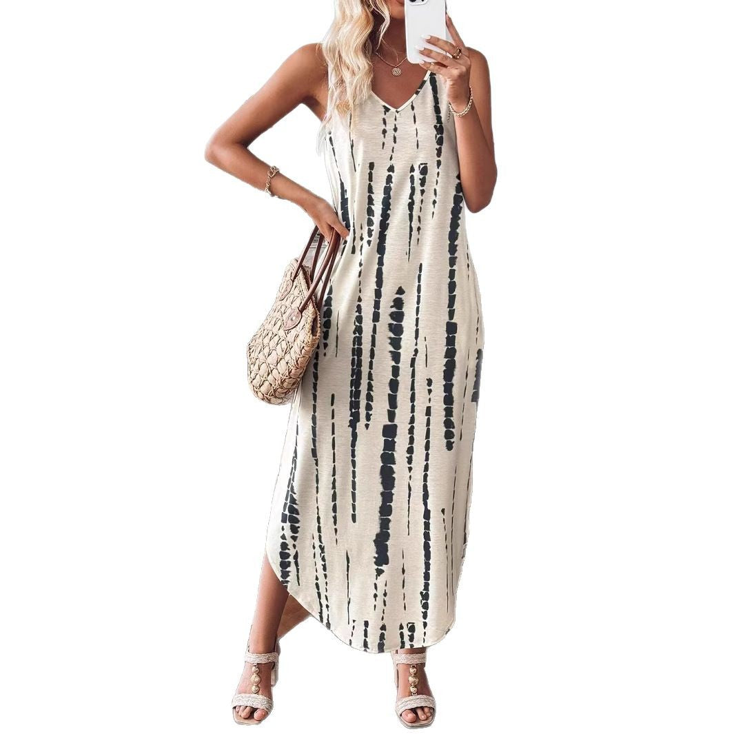 Damen Maxikleid mit feinem V-Ausschnitt und gestreiftem Design EB