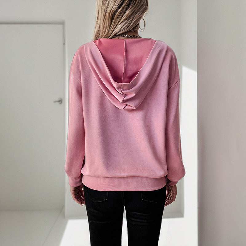 Damen Samt-Hoodie mit Reißverschluss am Kragen und Kängurutasche EB