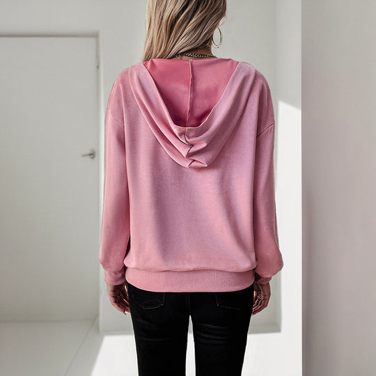 Damen Samt-Hoodie mit Reißverschluss am Kragen und Kängurutasche EB