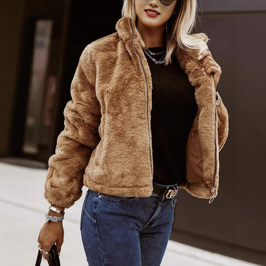 EB | Weiche Damen Teddy Bomberjacke mit Reißverschluss