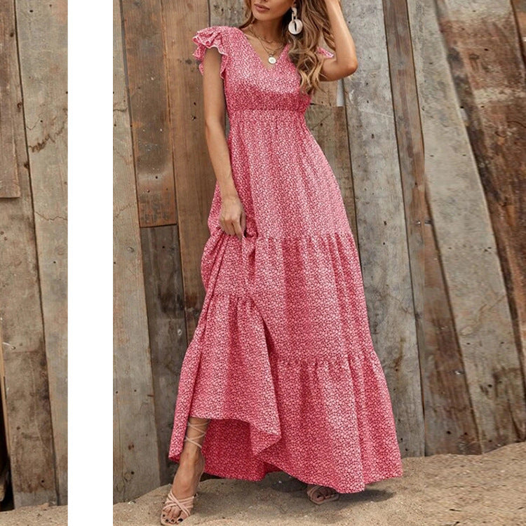 Damen Maxikleid mit zarten Rüschendetails und tieferem V-Ausschnitt EB
