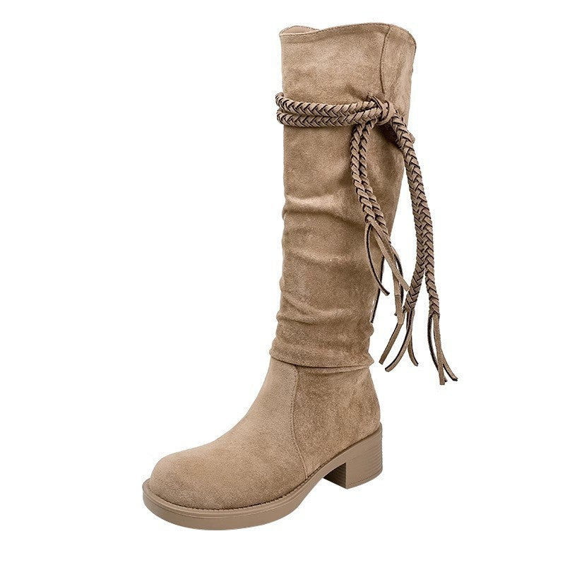 Damen Modische Stiefel mit lässigem Falten-Design und dekorativen Fransen EB