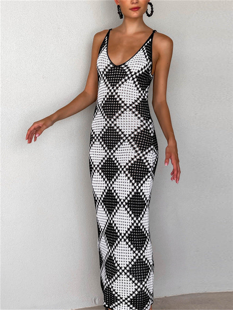 Damen-Maxikleid mit feinem Mesh-Strick und diamantförmigem Muster EB