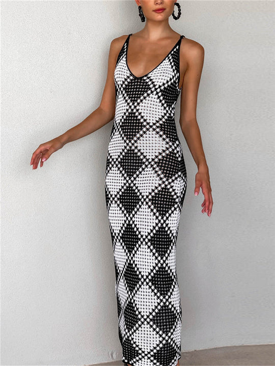 Damen-Maxikleid mit feinem Mesh-Strick und diamantförmigem Muster EB