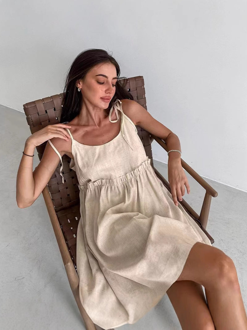 Damen lässiges Spaghettiträger-Kleid mit elastischem Bund und dekorativen Schleifen EB