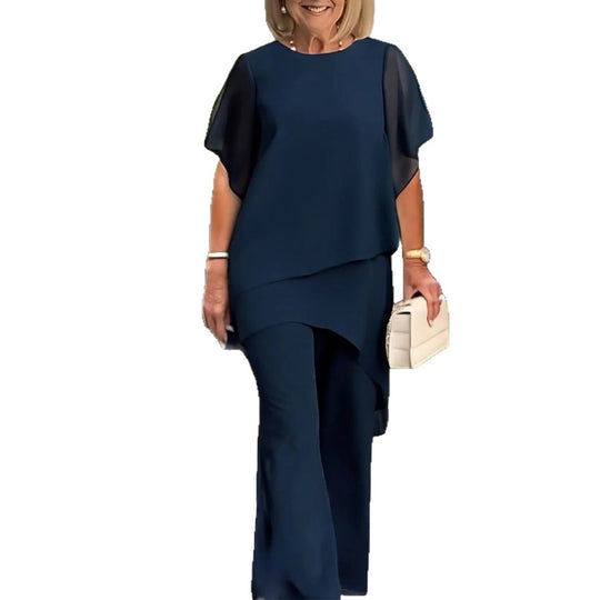 Damen elegantes Ensemble aus fließendem Oberteil und weitem Hose EB