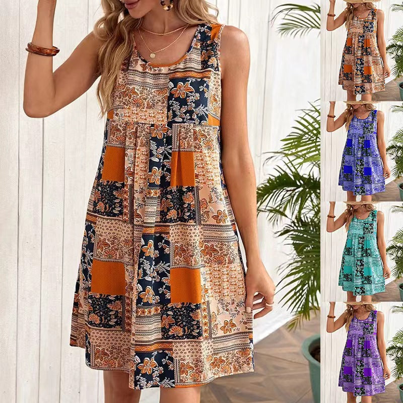 Damen Freizeitleinenkleid mit buntem Patchwork-Design EB