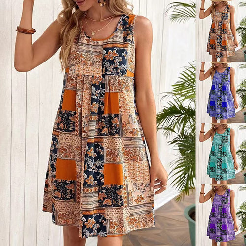 Damen Freizeitleinenkleid mit buntem Patchwork-Design EB