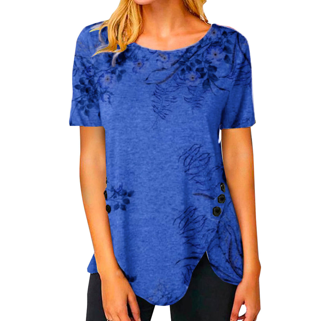 Damen lässiges T-Shirt mit dekorativem Floraldesign und asymmetrischem Saum EB