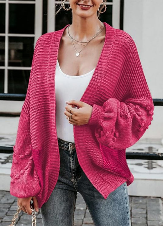 Damen Grobstrick-Cardigan mit voluminösen Puffärmeln und strukturierter Oberfläche EB