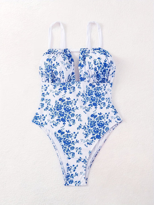 Damen Einteiliger Badeanzug mit floralem Design und tiefem V-Ausschnitt EB