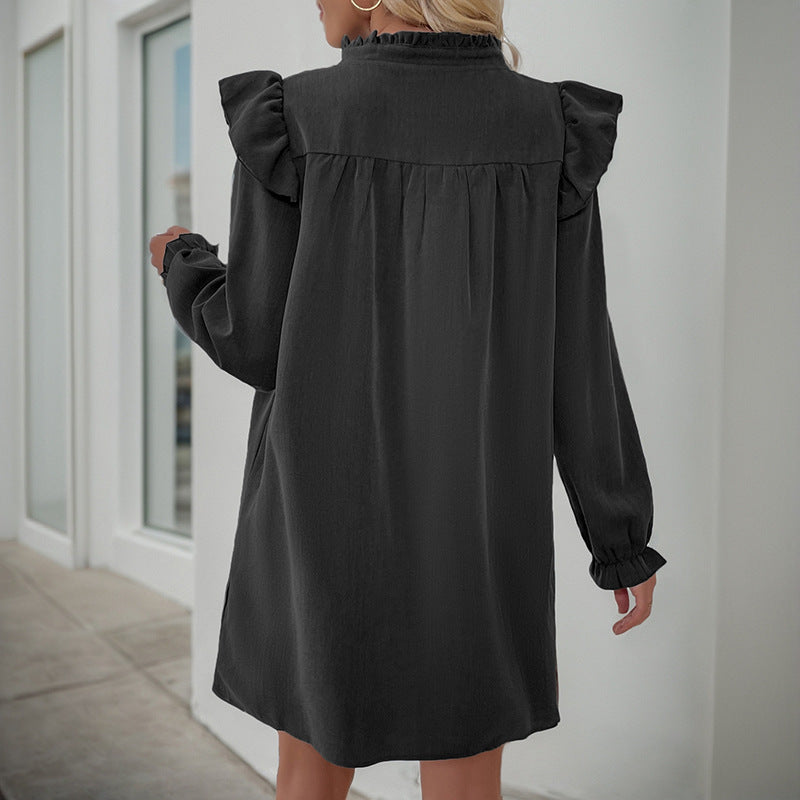 Damen Rüschen-A-Linien Kleid mit geraffter Brust und V-Ausschnitt EB
