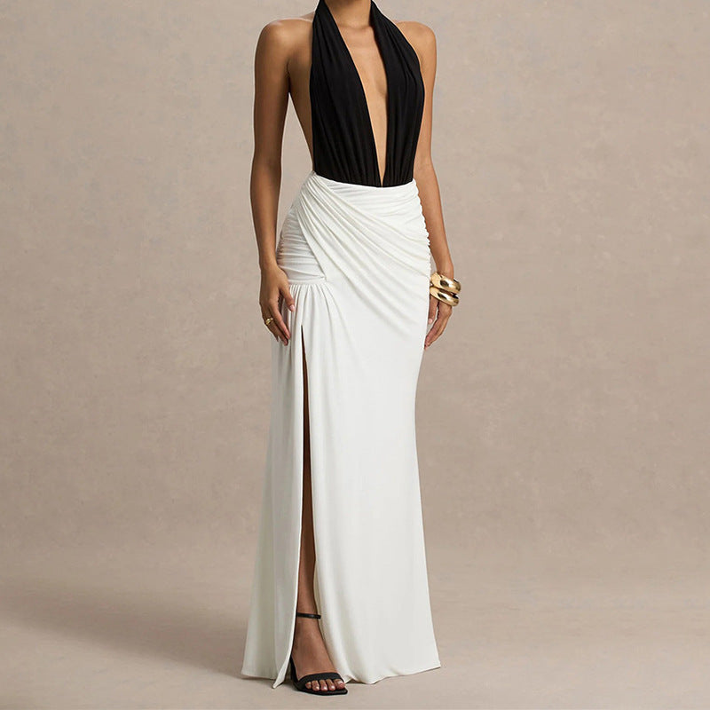 Damen Elegantes Maxikleid mit tiefem V-Ausschnitt und gerafftem Rock EB