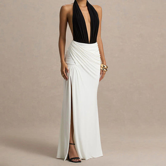 Damen Elegantes Maxikleid mit tiefem V-Ausschnitt und gerafftem Rock EB