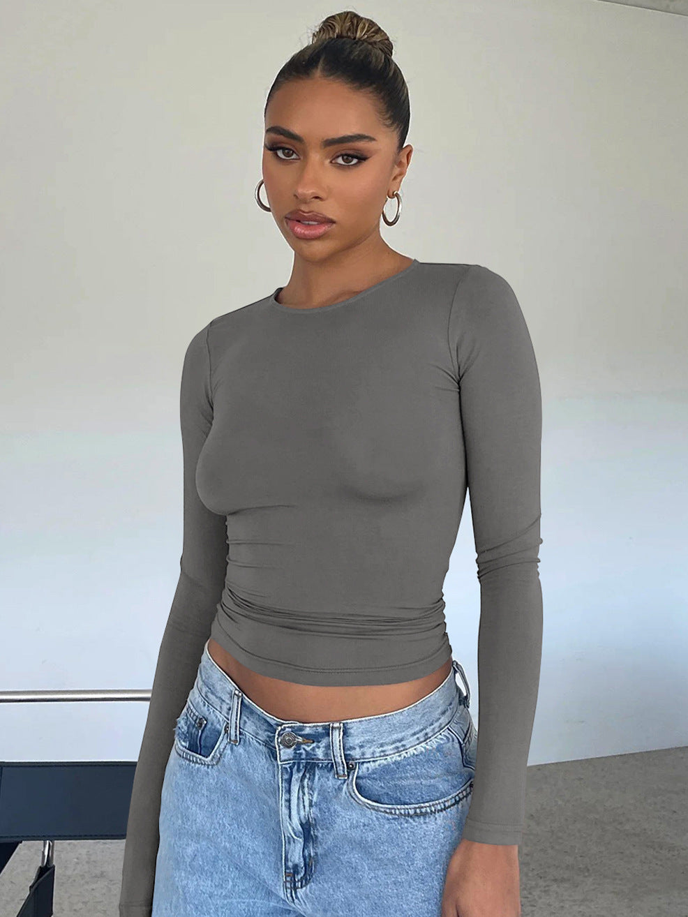Damen Longsleeve-Oberteil mit figurbetontem Schnitt und Raffung EB
