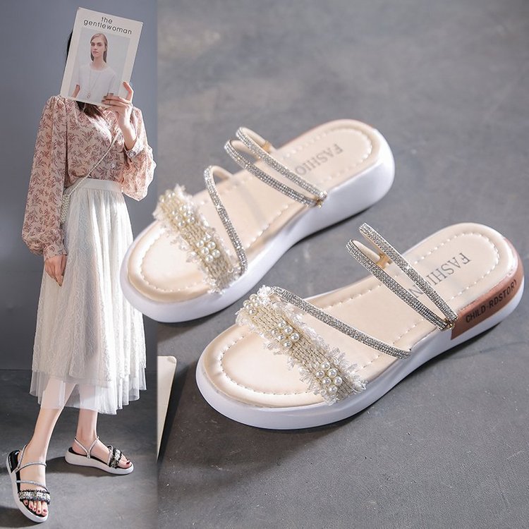 Damen modische Riemchen-Sandalen mit Perlenschmuck und gepolsterter Sohle EB