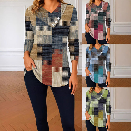 Damen Langarm-Tunika mit asymmetrischem V-Ausschnitt, Zierknopfleiste und kariertem Patchworkmuster EB