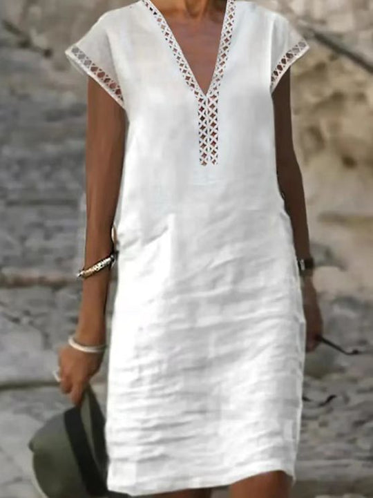 Damen nan leichtes Leinen-Kaftankleid mit V-Ausschnitt und Ajourbesatz EB