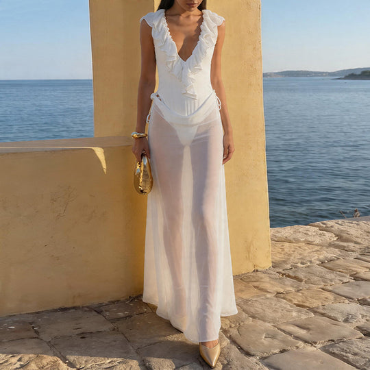 Damen Elegantes Strandkleid mit fransigen Details und tiefem V-Ausschnitt EB