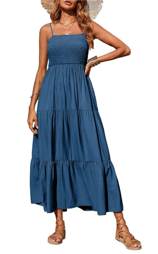 Damen Maxikleid mit verstellbaren Trägern und Rüschen EB