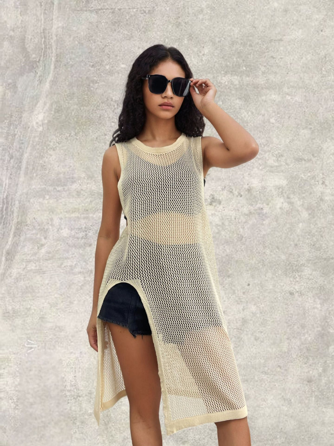 Damen Netz-Kleid mit seitlichen Schlitzen und lässigem Schnitt EB