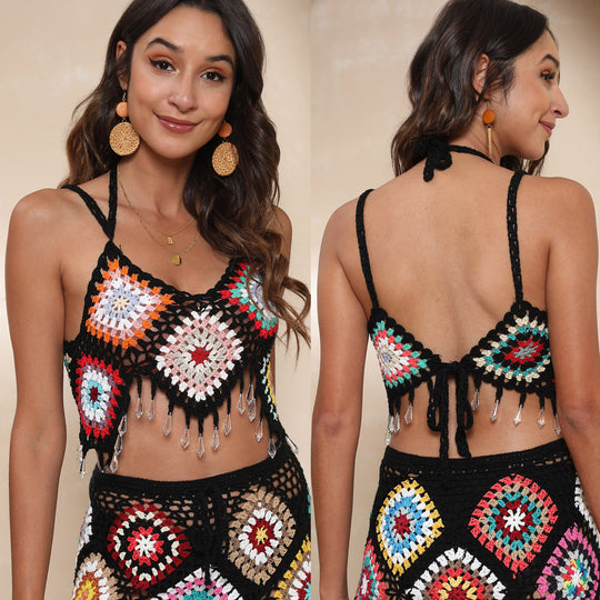 Damen gehäkeltes Crop-Top mit bunten Granny-Quadraten und Glitzerakzenten EB