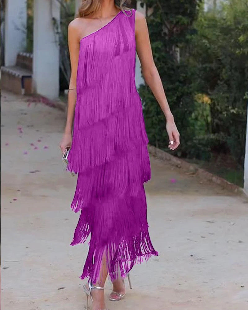 Damen Fransen Maxikleid mit asymmetrischem Schnitt und elegantem Detail EB