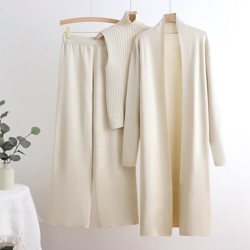 Damen gemütliches Strick-Loungewear-Set mit langem Cardigan und Rippenshirts EB