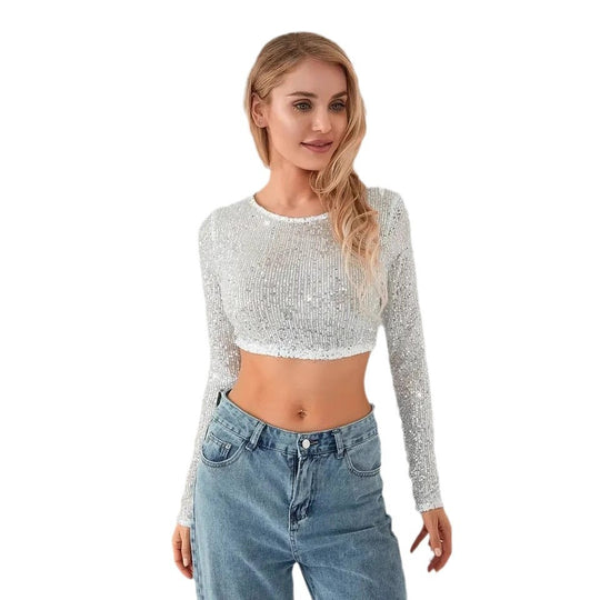 Damen Glitzerndes Crop-Top mit langen Ärmeln und figurbetontem Schnitt EB