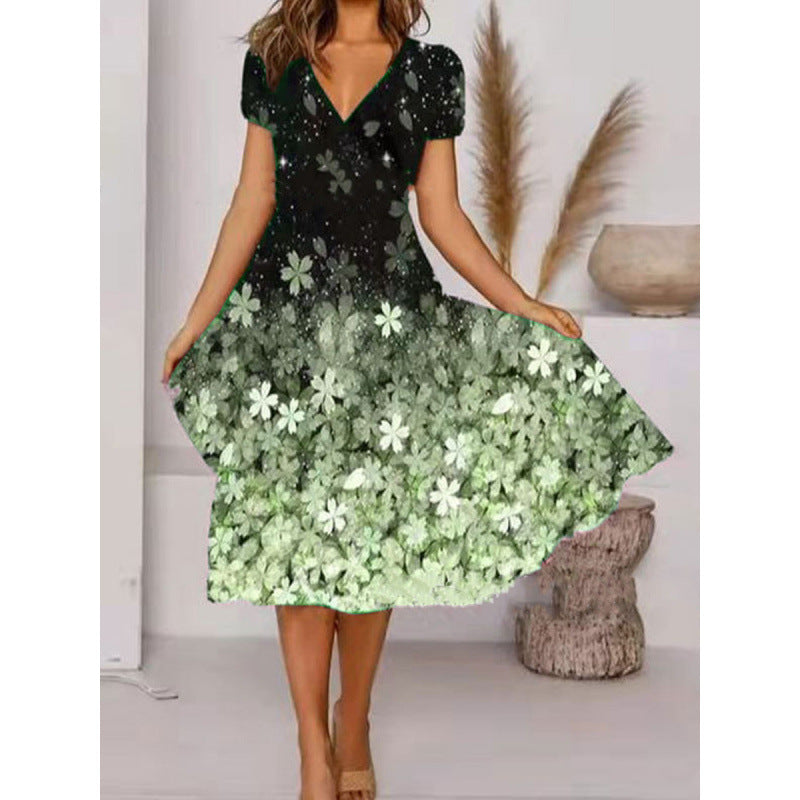 Damen A-Linie Sommerkleid mit V-Ausschnitt und floralen Akzenten EB