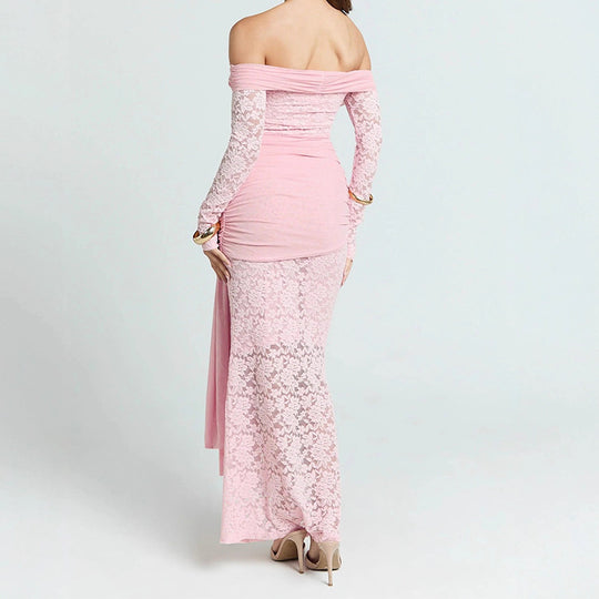 Damen Elegantes Spitzenkleid mit Off-Shoulder-Ausschnitt und Drapierungen EB