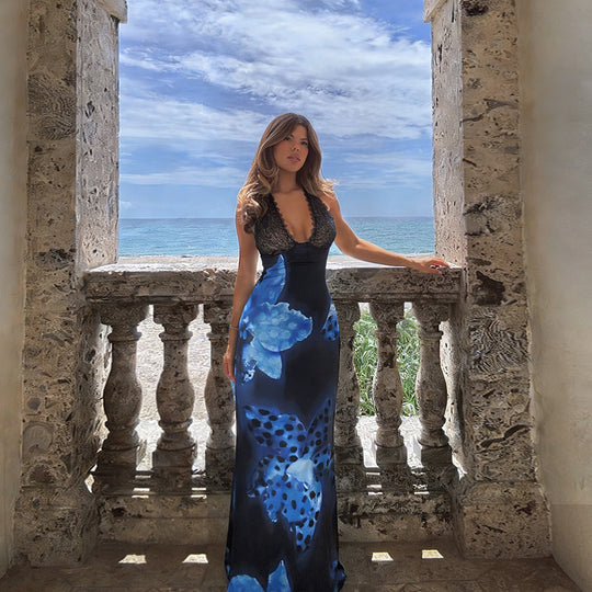 Damen Elegantes Maxikleid mit floralem Muster und Spitzendetails EB