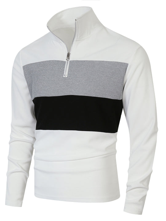Herren nan Halbzip-Pullover mit Stehkragen, breitem Blockstreifen und fein gerippter Struktur EB