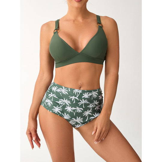 Damen Bikini-Set mit hohem Bund und modischem Palmendruck EB