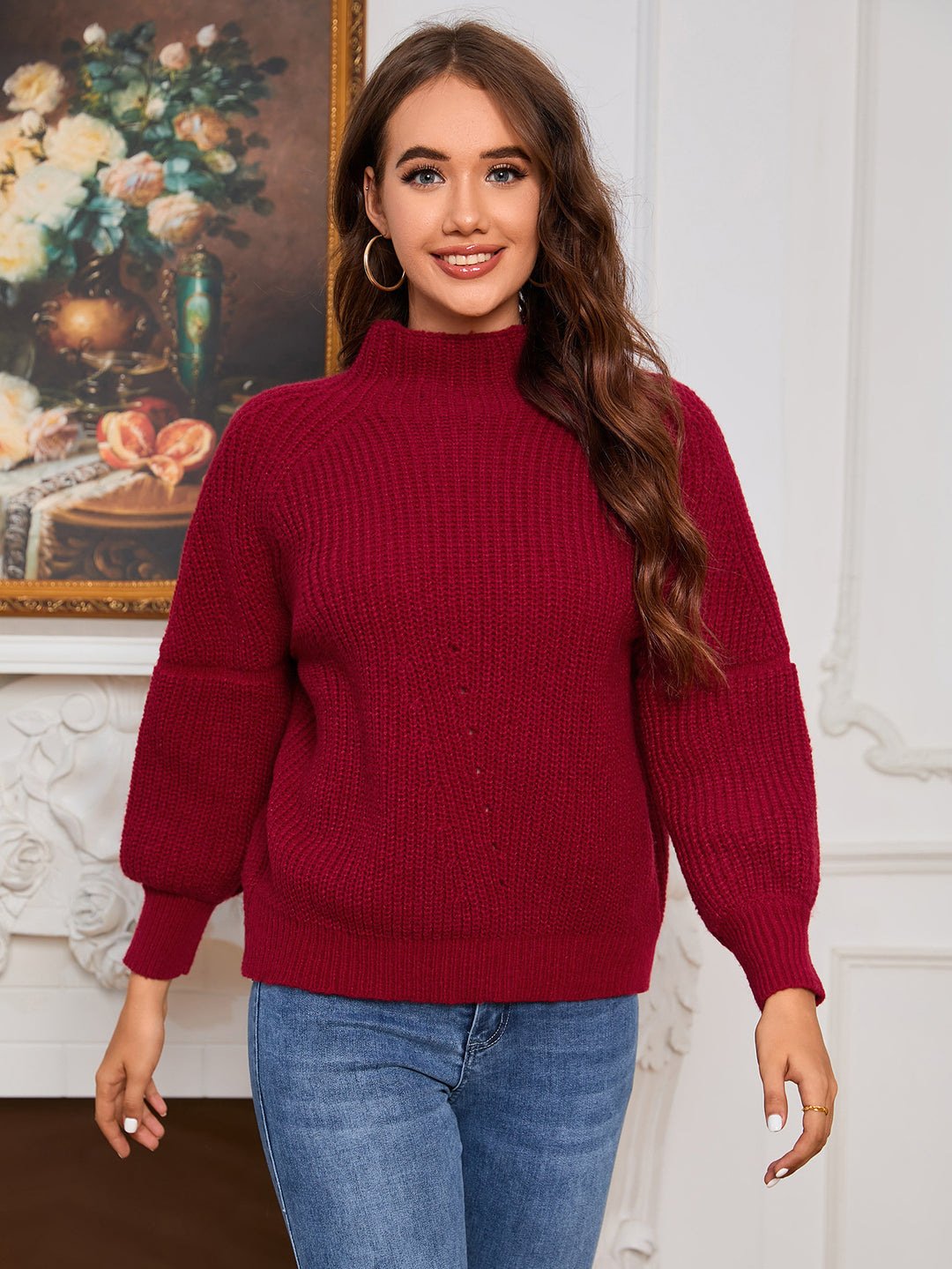 Damen Grobstrick Pullover mit hochgeschlossenem Kragen EB