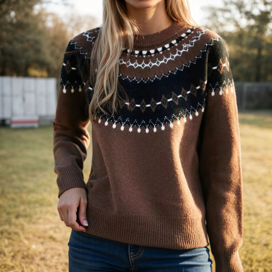 Damen nan Norweger-Pullover mit Rundhalsausschnitt, Jacquard-Yoke und weichem Feinstrick EB