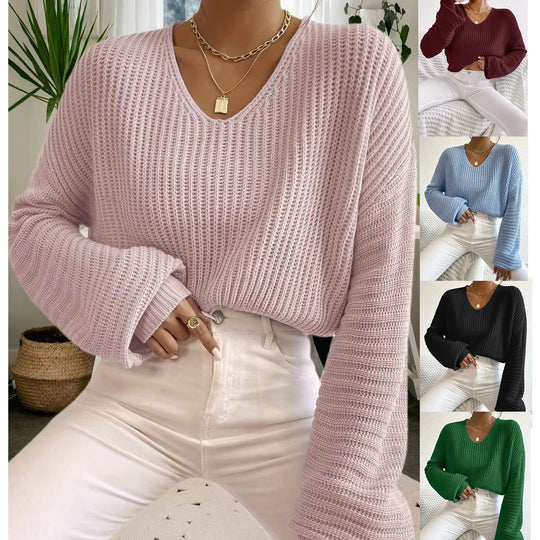 Damen lässiger Strickpullover mit V-Ausschnitt und weit geschnittenen Ärmeln EB