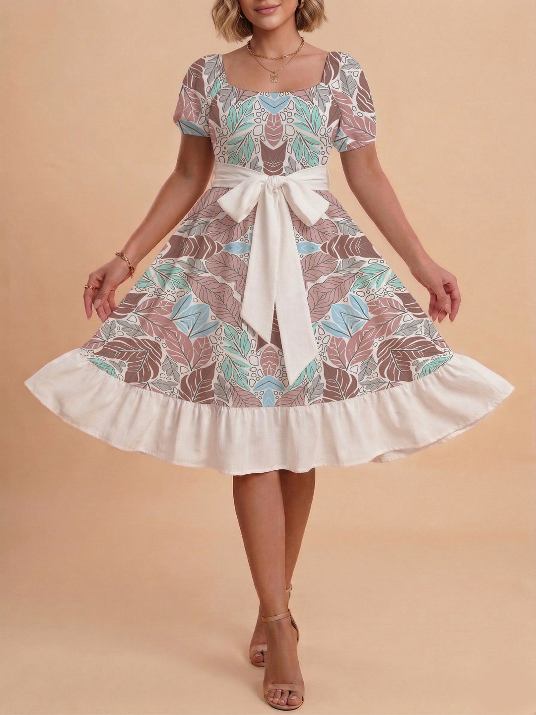 Damen elegantes Maxikleid mit floralem Design und Taillengürtel EB