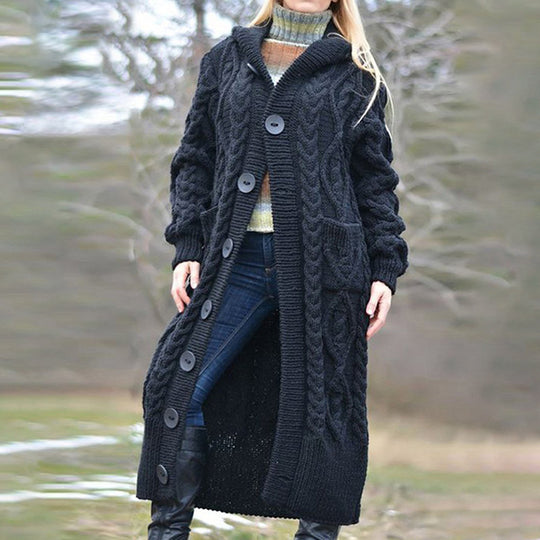 Damen Strickmantel mit Kapuze und Kabelmuster EB
