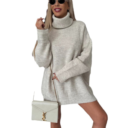 Damen kuscheliges Grobstrick-Minikleid mit extra hohem Rollkragen und oversized Passform EB