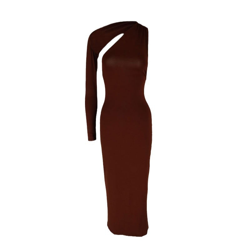 Damen Elegantes asymmetrisches Maxikleid mit einem Ärmel und figurbetonter Silhouette EB