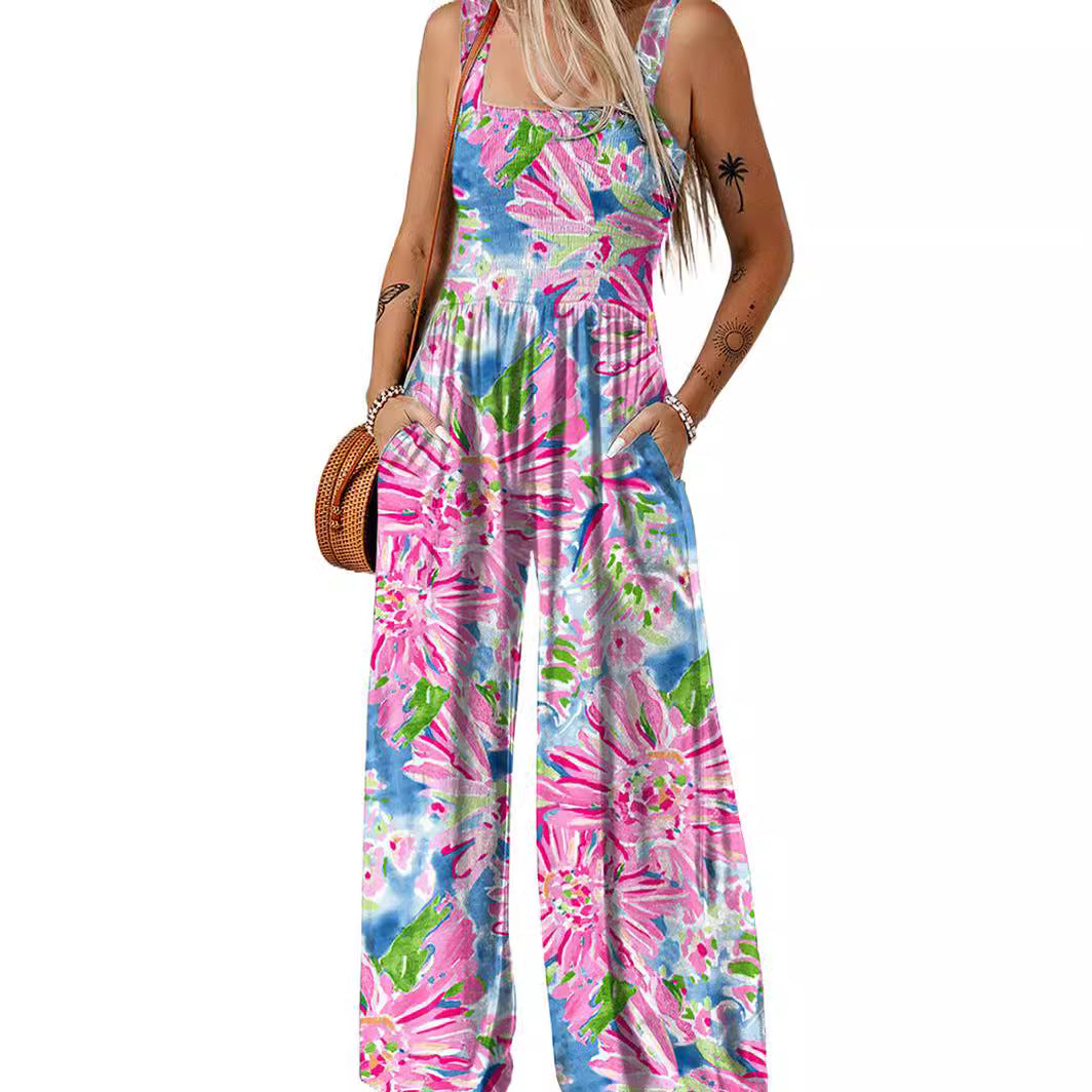 Damen luftiger Blumendruck Jumpsuit im Maxiformat mit praktischen Taschen EB