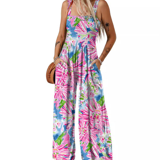 Damen luftiger Blumendruck Jumpsuit im Maxiformat mit praktischen Taschen EB