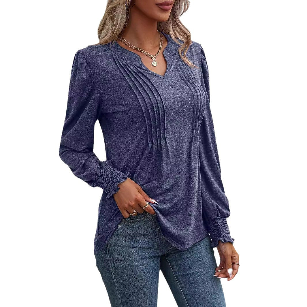 Damen nan Langarmshirt mit V-Ausschnitt, dekorativen Kellerfalten vorn und elastischen Smokbündchen EB